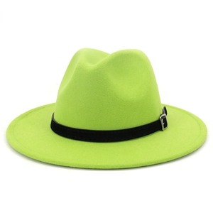Detail of neon green wide brim wool fedora hat with black leather strap and metal buckle