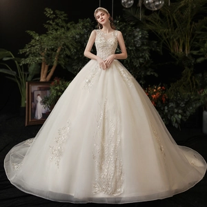 French Simple Wedding Dress Lace Tulle Sleeveless Off Shoulder Applique Sequin Bridal Ball Gown Tailing Elegant Women