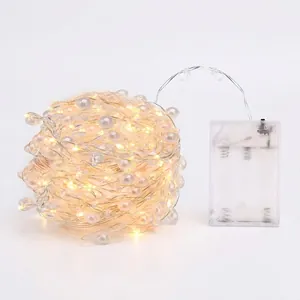 Ghirlanda luminosa a LED bianco caldo con perle bianche e scatola della batteria trasparente