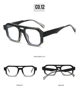 Three-view display of dual-beam irregular sunglasses with black and smoke gray splicing