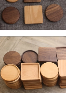 Detailed view of square and round wooden coasters in walnut and beech wood finishes