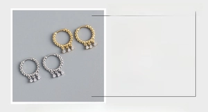 Detailed S925 sterling silver hoop earrings with three zircon tassels and dimensions