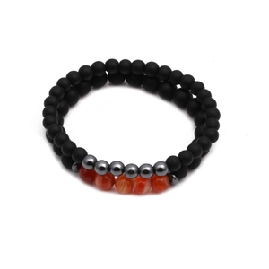 Double-layer beaded bracelet featuring black matte stones and red striped agate beads