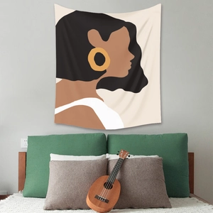 Artistic bohemian wall tapestry featuring a minimalist female profile in abstract warm tones