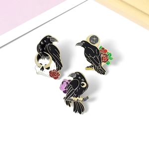 Black Crow Brooch Alloy Enamel Pin Gothic Skull Rose Moon Artistic Lapel Badge For Clothes Bags Punk Style Jewelry Accessory