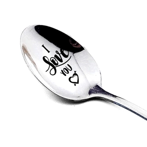 Polished stainless steel long handle spoon with I Love You engraving and heart design
