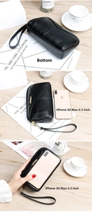 Détails de la pochette en cuir noir montrant la capacité pour un smartphone 6,5 pouces