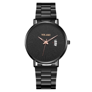 YOLAKO men's black quartz watch with rose gold hands and calendar on metal strap