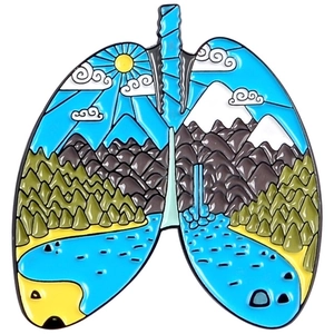 Enamel brooch with lung shape featuring mountains and waterfall nature scene