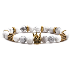 Tiger eye and marble beaded bracelet set with golden crown and black micro-pave cylinder