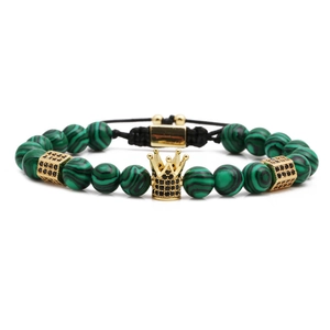 Braided peacock malachite bead bracelet with golden crown and black zircon accents
