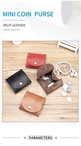 Leather mini coin purses in various colors showing storage capacity for coins and earphones