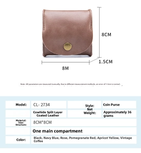 Detail view of mini leather coin pouch with dimensions 8x8x1.5cm and metal snap closure