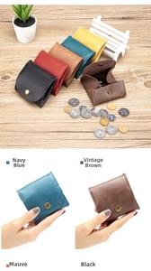 Detail shot of mini genuine leather coin purse showing the snap closure and colors