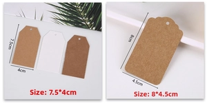 Detail showing vintage kraft and white gift tags with size specifications in 2 dimensions