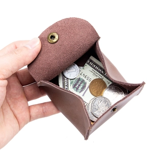 Japanese style dark brown genuine leather coin purse with snap closure and large capacity