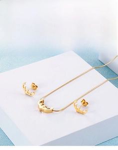 Detail von minimalistischem goldenen Elchgeweih-Halsketten- und Ohrstecker-Set auf Podest