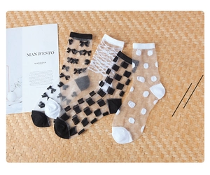 Detailed flat lay of sheer crystal socks with lace, bow, and polka dot patterns