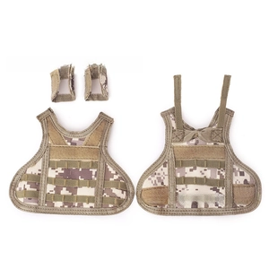 Close-up of mini tactical beverage vest with desert digital camo and MOLLE straps