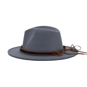 Blue-grey felt wide-brim fedora hat with a decorative woven brown band and leather detail