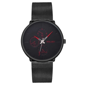 Yolako minimalist black quartz watch for men with steel mesh strap and blue hands