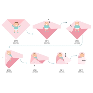 7-step illustrated guide for wrapping newborn babies in a pink soft swaddle blanket