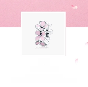 Detailed view of S925 sterling silver pink enamel cherry blossom floral bead charm