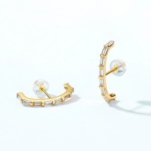 Minimalist gold plated geometric earrings with white rectangular zircon stones