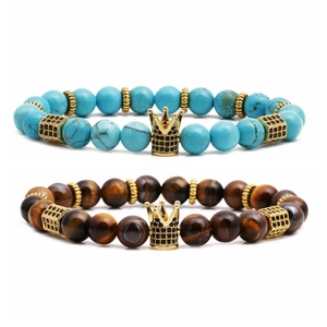 Tiger eye and imperial turquoise beaded bracelet set with golden zircon crowns for men