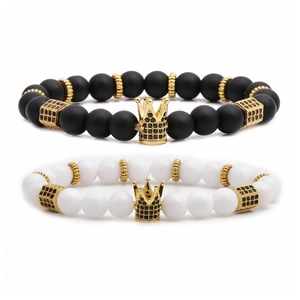 Crown Charm Beaded Bracelet Natural Stone Tiger Eye Turquoise Alloy Elastic Jewelry For Men Women