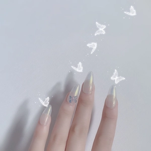 Elegant aurora pearl stiletto press-on nails with blue butterfly charms for women