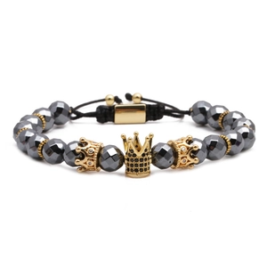 Men's crown bead bracelet with faceted hematite stones and adjustable woven cord
