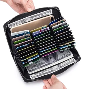 Interior detail of a leather long wallet with RFID protection and multi-card capacity