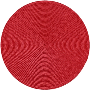 Detailed close-up of a red round woven placemat showing heat-resistant PP texture