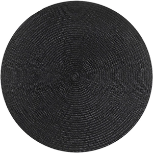 Close-up of black round woven placemat showing detailed heat-resistant texture