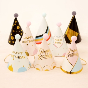 Set of 8 colorful cone paper birthday party hats with fluffy pom-poms for kids and adults
