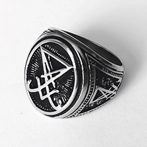 Gothic Sigil of Lucifer signet ring in silver black stainless steel for bikers