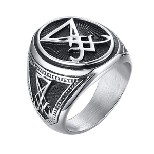 Men's silver stainless steel signet ring featuring a raised Sigil of Lucifer design