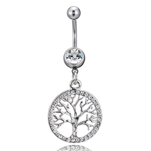 Silver Tree of Life belly button ring with sparkling rhinestones and stainless steel finish