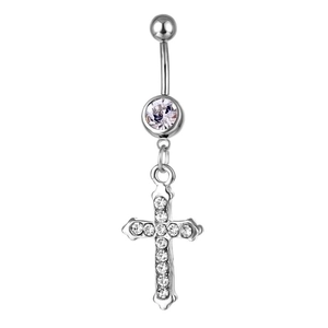 Silver stainless steel belly button ring with sparkling crystal cross pendant dangles