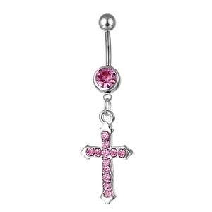 Silver belly button ring with pink gemstone cross pendant on a white background