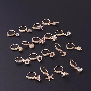 20G gold-plated drop zircon nose rings set featuring star, moon, and heart charms