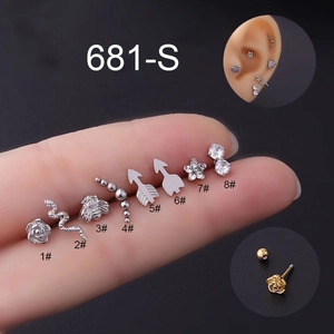 20G stainless steel stud earring set featuring flower, snake, and bee designs