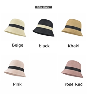 Color display of women's woven bucket hats in beige, black, khaki, pink, and rose red