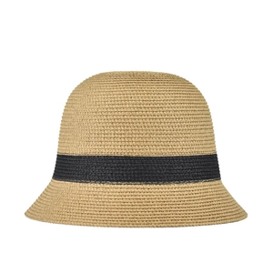 Detailed close-up of a women's woven straw bucket hat with a stylish black band