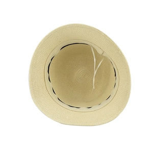 Interior view of a woven straw bucket hat showing the adjustable inner ribbon strap.