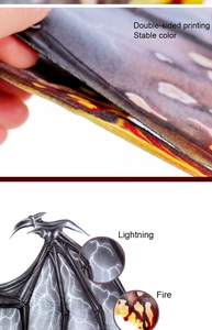 Detail view of double-sided non-woven dragon wings with thunder and flame texture patterns