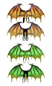 Detail of orange and green dragon wings with adjustable straps for adult cosplay costumes
