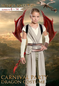Kids dragon costume set featuring red and black wings and tail for ages 6 to 14