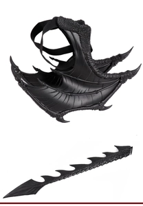 Detailed view of black dragon wings and tail with realistic scales for Halloween cosplay